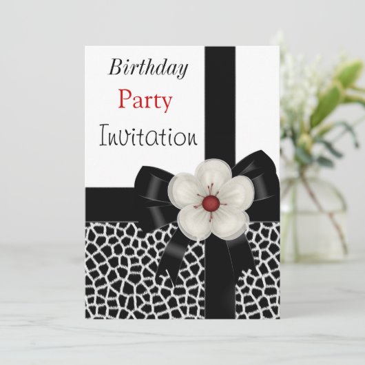 Invitation Anniversaire Fête Noir Blanc Bow (Debout devant)