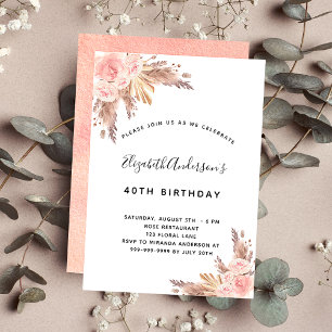 Invitation Anniversaire fête pampas herbe rose or blush flora