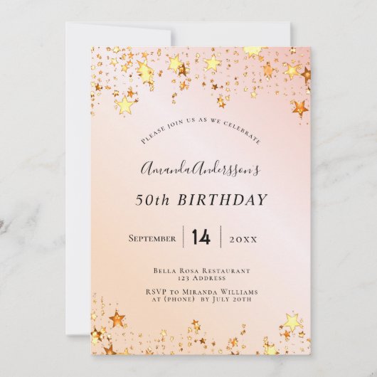 Invitation Anniversaire fête rose or rousse rose étoiles élég (Devant)
