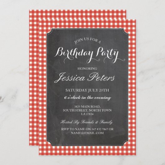 Invitation Anniversaire Fête Rouge Check Rustic Chalk Invitat (Devant / Derrière)