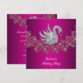 Invitation Anniversaire Fête Swan rose Floral Noir (Devant / Derrière)