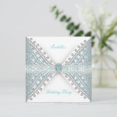 Invitation Anniversaire Fête TURQUOISE BLUE Argent Blanc Diam (Debout devant)