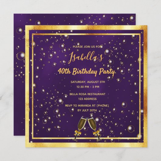 Invitation Anniversaire fête violet bulles d'or fun (Devant / Derrière)