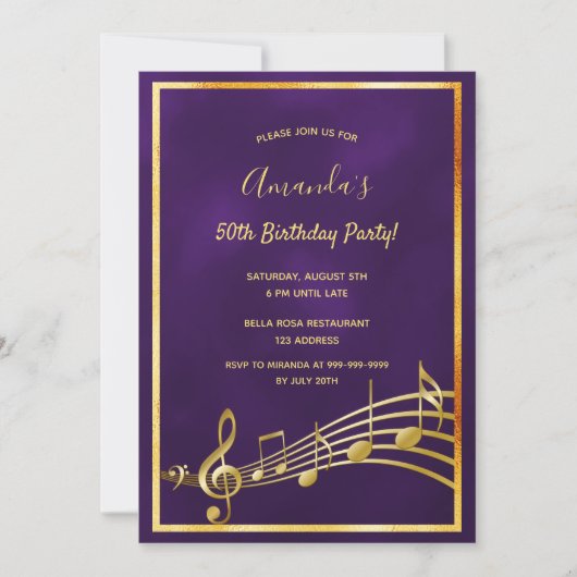 Invitation Anniversaire fête violet or notes (Devant)