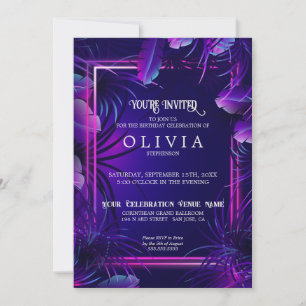 Invitation Anniversaire   Feuillage Tropical Violet Néon
