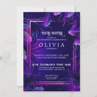 Invitation Anniversaire | Feuillage Tropical Violet Néon