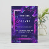 Invitation Anniversaire | Feuillage Tropical Violet Néon (Debout devant)