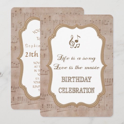 Invitation anniversaire feuille de musique vintage (Devant / Derrière)