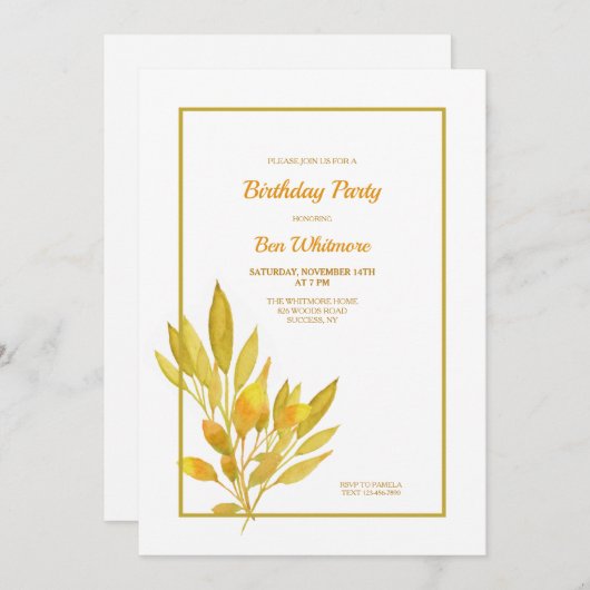 Invitation Anniversaire Feuille d'or (Devant / Derrière)