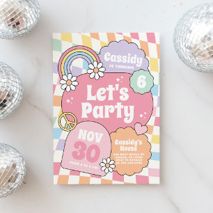 Invitation Anniversaire Fille Arc-en-ciel Rétro Groovy Damier