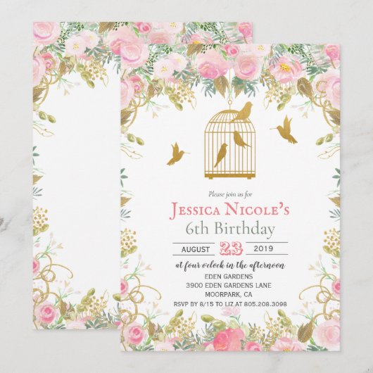 Invitation anniversaire Fille - Cage à oiseaux flo (Devant / Derrière)