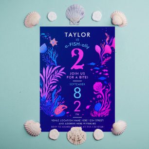 Invitation Anniversaire Fille Coloré Rose Bleu Océan Poisson