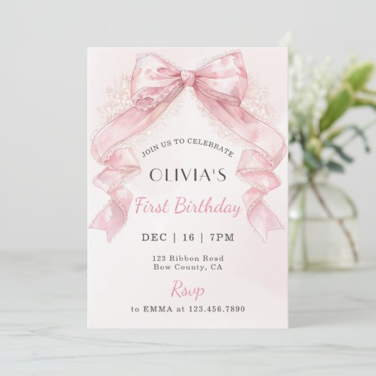 Invitation Anniversaire Fille Coquette Rose Ruban (Debout devant)