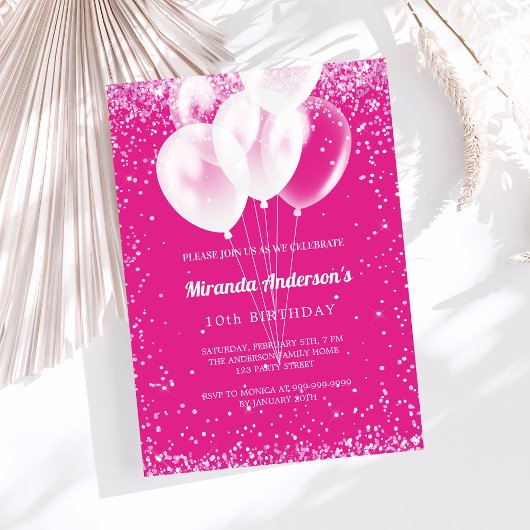 Invitation Anniversaire fille de fête chaude rose blanc ballo