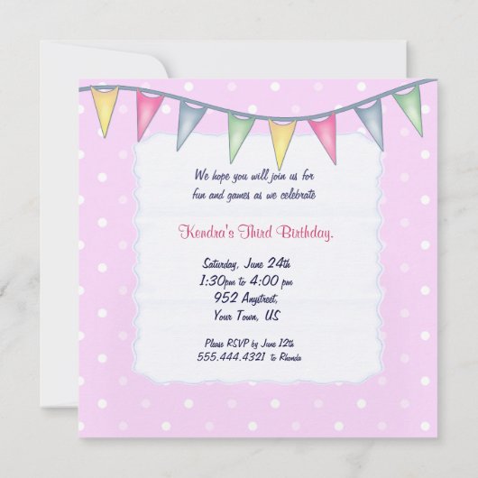 Invitation Anniversaire Fille de l'ours - Troisième anniversa (Dos)