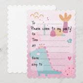 Invitation anniversaire fille dinosaure rose à bor (Devant / Derrière)