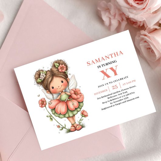 Invitation anniversaire fille fée fantasy rose pas