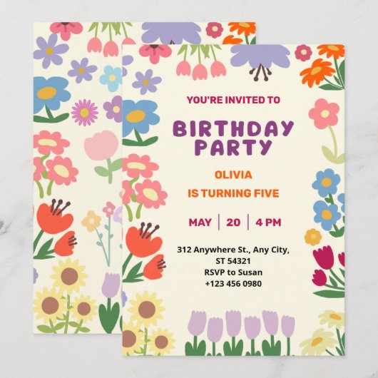 Invitation Anniversaire Fille Fleurs Fleur Pastel (Devant / Derrière)