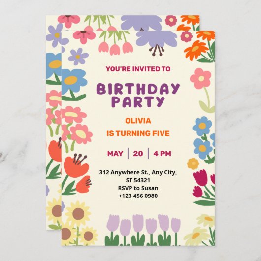 Invitation Anniversaire Fille Fleurs Pastel Cinq A (Devant / Derrière)