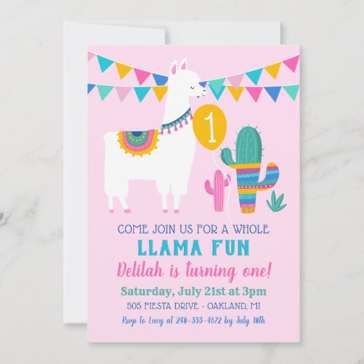 Invitation Anniversaire Fille Fun Cactus Rose Tout Llama (Devant)