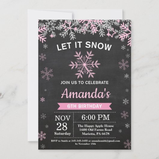Invitation Anniversaire Fille Hiver Rustique Flocon de Neige (Devant)