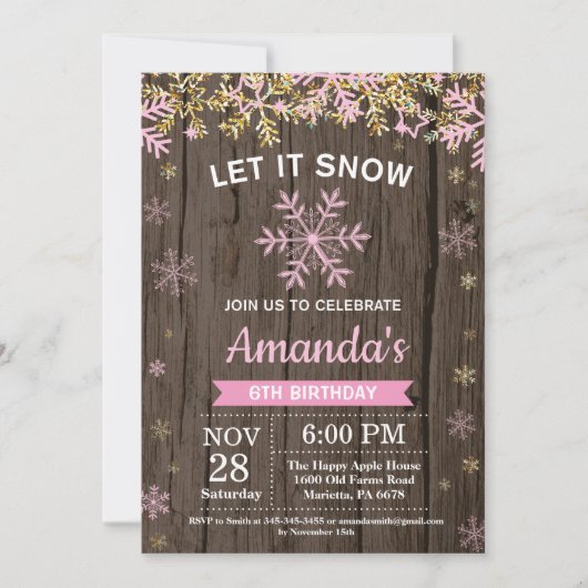 Invitation Anniversaire Fille Hiver Rustique Flocon Rose Or (Devant)