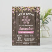 Invitation Anniversaire Fille Hiver Rustique Flocon Rose Or (Debout devant)