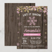 Invitation Anniversaire Fille Hiver Rustique Flocon Rose Or (Devant / Derrière)