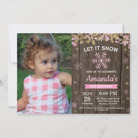 Invitation Anniversaire Fille Hiver Rustique Flocon Rose Or (Devant)