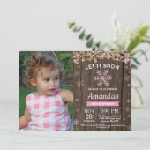 Invitation Anniversaire Fille Hiver Rustique Flocon Rose Or (Debout devant)