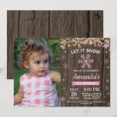 Invitation Anniversaire Fille Hiver Rustique Flocon Rose Or (Devant / Derrière)