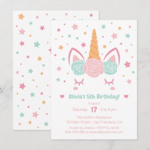 Invitation Anniversaire Fille Licorne Corne Rose et Menthe