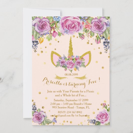 Invitation anniversaire fille, licorne, fleurs, ro (Devant)