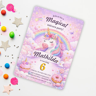 Invitation Anniversaire Fille Licorne Magique Rose Arc-en-Cie