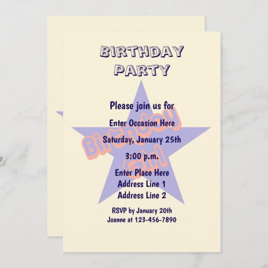 Invitation Anniversaire Fille mignonne fête (Devant / Derrière)