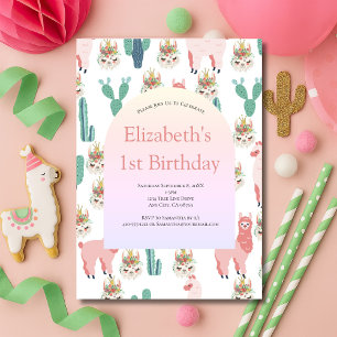 Invitation Anniversaire Fille Mignonne Llama Rose et Cactus V