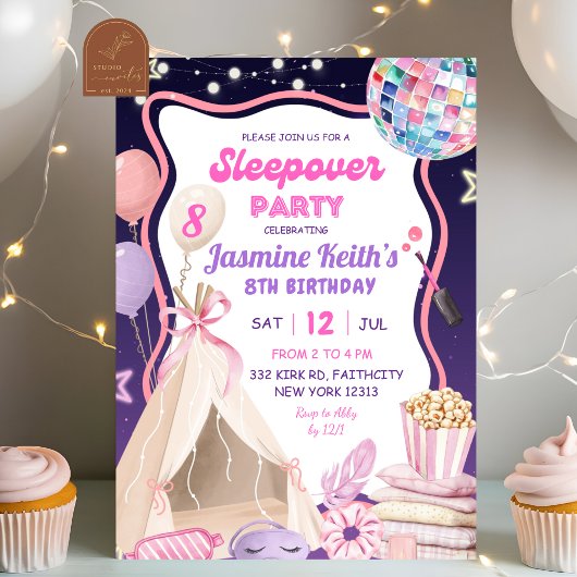 Invitation Anniversaire Fille Pyjama Rose Violet