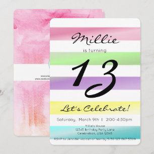 Invitation Anniversaire Fille Rayures Arc-en-ciel Pastel