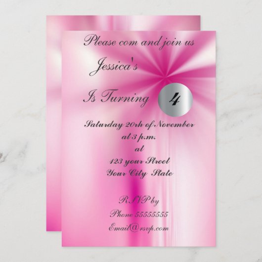 Invitation anniversaire fille rose (Devant / Derrière)