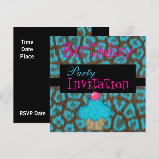 Invitation Anniversaire Filles Cupcake Blue (Devant / Derrière)