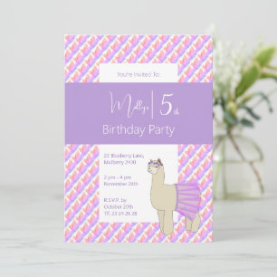 Invitation Anniversaire Filles Lama Violet Arc-en-ciel