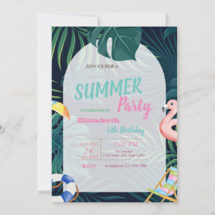 Invitation Anniversaire Flamant Rose Feuille de Palmier
