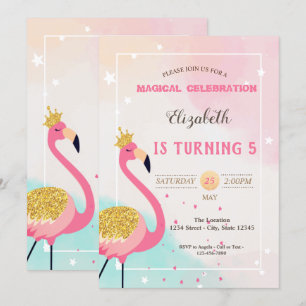 Invitation Anniversaire Flamant Rose Pailleté Adorable