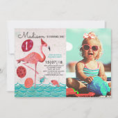 Invitation Anniversaire Flamant rose turquoise et rose Tropic (Devant)