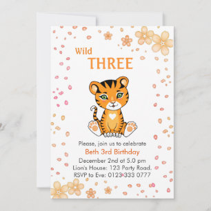 Invitation Anniversaire Fleur Cute Wild Trois Tigres 3 ans