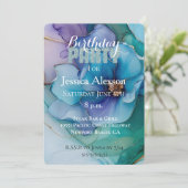 Invitation Anniversaire Fleur Florale Violet Paillettes Bleu  (Debout devant)