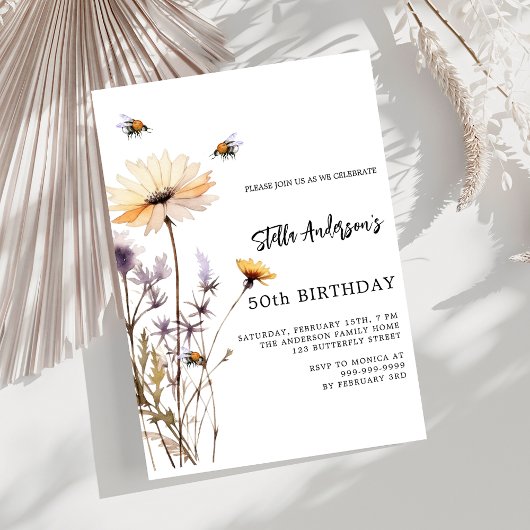 Invitation anniversaire fleur sauvage jaune violet