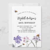 Invitation Anniversaire fleur sauvage violet abeilles roses n (Devant)