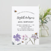 Invitation Anniversaire fleur sauvage violet abeilles roses n (Debout devant)