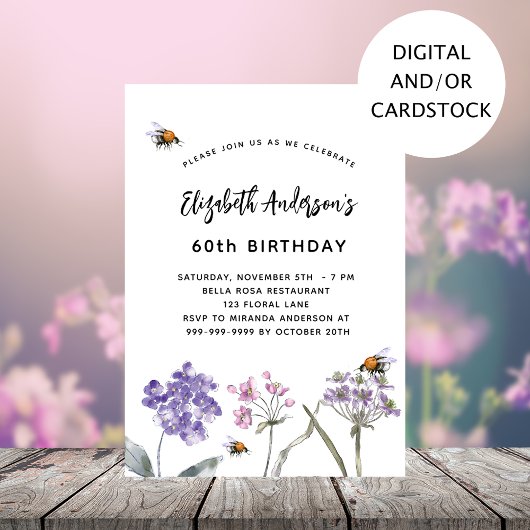 Invitation anniversaire fleur sauvage violet rose